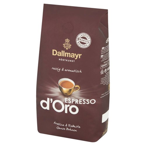 Opakowanie kawy Dallmayr d'Oro Espresso, całe ziarna. Mieszanka Arabica i Robusta, wyrazista i aromatyczna.