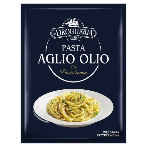Opakowanie La Drogheria 1880 Pasta Aglio Olio, mieszanki przyprawowej do makaronu. Tło jest ciemnoniebieskie, a na nim widnieje grafika przedstawiająca talerz z makaronem spaghetti, posypanym ziołami, jako propozycja podania dania.