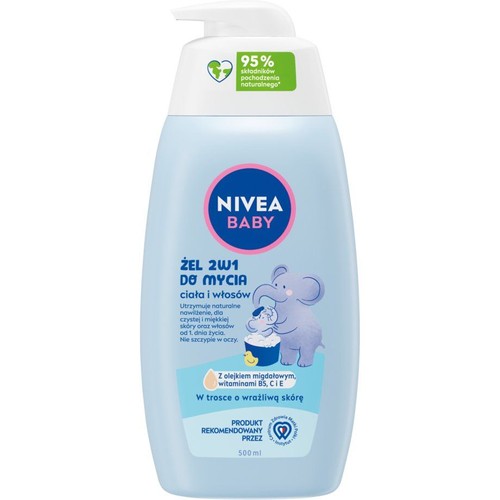 Jasnoniebieska butelka NIVEA BABY z pompką, 500 ml. Żel 2w1 do mycia ciała i włosów, z 95% składników naturalnych, dla wrażliwej skóry.
