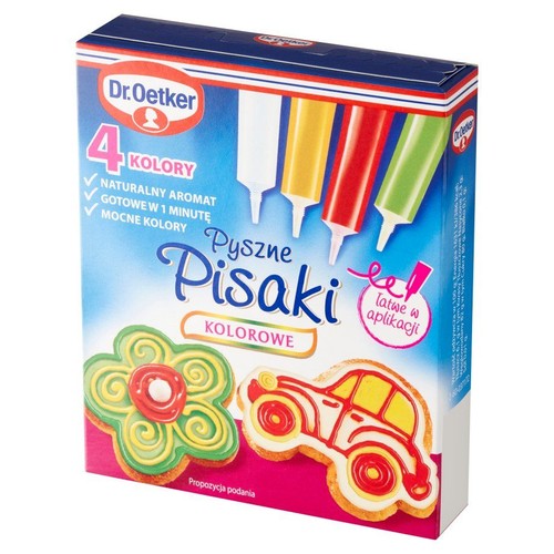 Pudełko Dr. Oetker z kolorowymi pisakami do dekoracji. 4 kolory, łatwe w aplikacji, mocne barwy. Pokazano udekorowane ciastka.