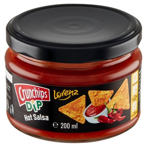 Słoik dipu Crunchips Lorenz Hot Salsa o pojemności 200 ml. Na etykiecie chipsy, miseczka z sosem i papryczki chili.