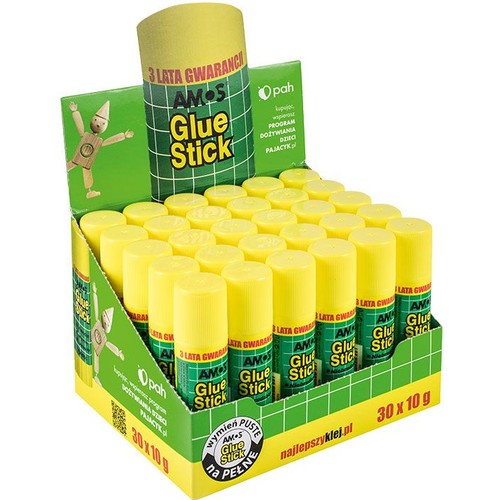 Opakowanie zbiorcze zawierające 30 sztuk klejów AMOS Glue Stick, każdy po 10 gramów. Kleje są w żółtych tubkach, a karton jest zielono-żółty. Widoczne hasło "wymień puste na pełne" i adres najlepszyklej.pl.