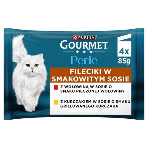 Niebieskie opakowanie karmy dla kota Gourmet Perle, 4x85g, z filecikami w sosie o smaku wołowiny i kurczaka. Biały kot na grafice.