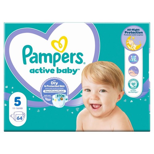 Opakowanie pieluszek Pampers Active Baby rozmiar 5 (11-16 kg), 64 sztuki. Na turkusowym tle uśmiechnięte dziecko i fioletowe serce.