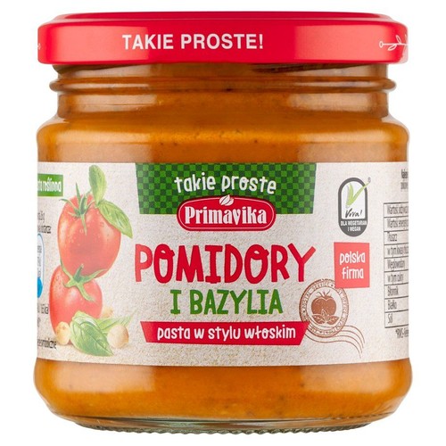 Słoik pasty Primavika Pomidory i Bazylia, z czerwoną zakrętką z napisem "Takie proste!". Etykieta przedstawia pomidory i bazylię, informuje o wegańskim składzie oraz że to produkt polskiej firmy. Pasta w stylu włoskim.