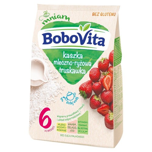Opakowanie kaszki BoboVita mleczno-ryżowej o smaku truskawkowym. Produkt bezglutenowy, dla niemowląt od 6. miesiąca życia.
