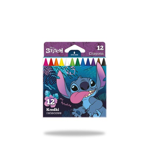 Opakowanie 12 kredek świecowych Disney Stitch. Na pudełku widnieje uśmiechnięta postać Stitcha na tle tropikalnych liści i kwiatów. Widoczne są końcówki kredek w różnych kolorach.
