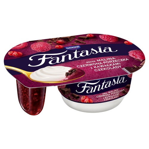 Jogurt Danone Fantasia o smaku maliny i czerwonej porzeczki z czekoladą. Opakowanie z grafiką owoców i łyżką.