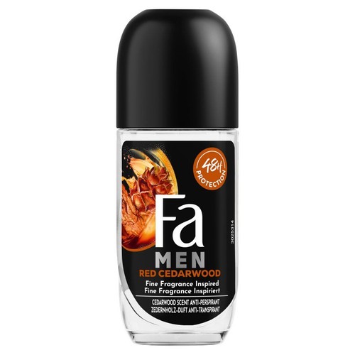 Antyperspirant Fa Men Red Cedarwood, roll-on, z grafiką drewna cedrowego.