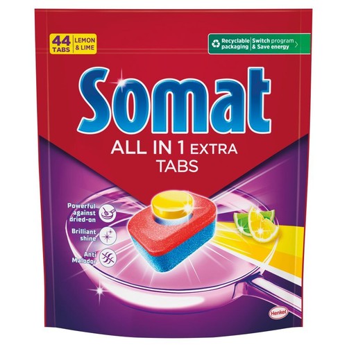 Opakowanie tabletek do zmywarki Somat All in 1 Extra Tabs, 44 sztuki, o zapachu cytryny i limonki. Zapewniają blask.
