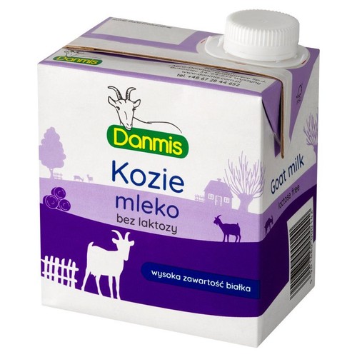 Karton mleka koziego Danmis bez laktozy, z białą nakrętką. Na opakowaniu grafika kozy i fioletowy pasek.
