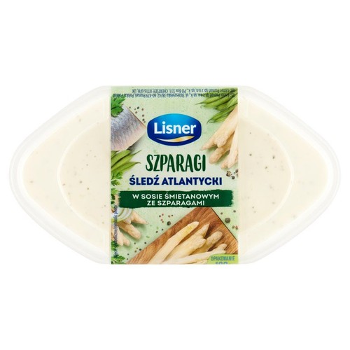 Produkt Lisner Śledź Atlantycki Szparagi w sosie śmietanowym ze szparagami. Białe, owalne opakowanie z przezroczystą pokrywką. Na zielonej etykiecie widnieje nazwa produktu, grafika śledzia, zielonych i białych szparagów.