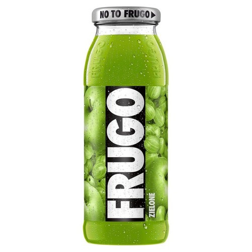 Napój Frugo Zielone w szklanej butelce. Etykieta z grafiką zielonych jabłek i agrestu. Srebrna zakrętka.