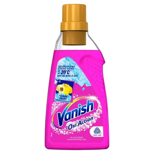 Różowy odplamiacz Vanish Oxi Action, 0% chloru. Usuwa plamy, chroni kolory, pielęgnuje wełnę i jedwab.