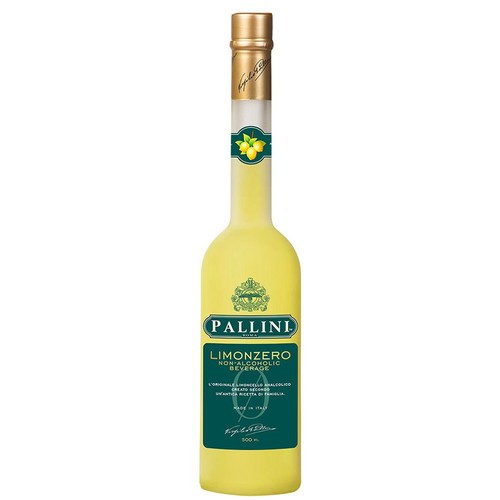 Pallini Limonzero, bezalkoholowy napój o pojemności 500 ml, w matowej butelce ze złotą zakrętką. Na zielonej etykiecie widnieje nazwa produktu i grafika cytryn. To oryginalne bezalkoholowe limoncello, stworzone we Włoszech według rodzinnej receptury.