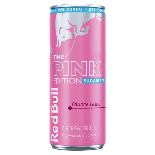 Napój energetyczny Red Bull The Pink Edition, bez cukru, o smaku owoców leśnych. Puszka jest różowa.
