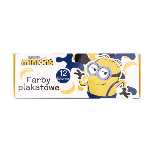 Prostokątne, białe pudełko farb plakatowych marki Minions, zawierające 12 kolorów. Na opakowaniu duża, żółta grafika uśmiechniętego Minionka w okularach i niebieskich ogrodniczkach. W tle niebieskie i żółte plamy oraz małe banany.