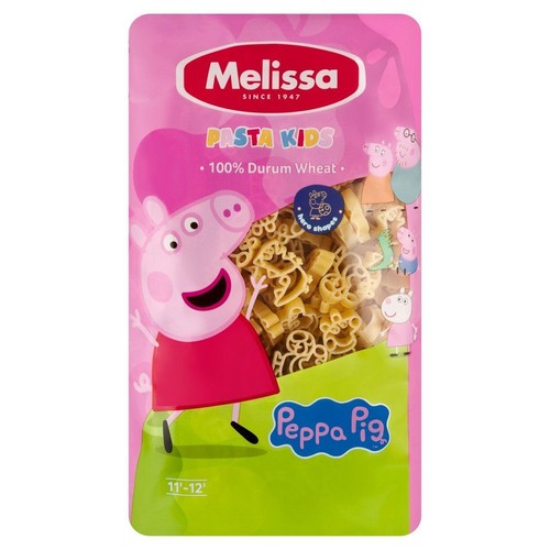Makaron Melissa dla dzieci, Świnka Peppa, w różowym opakowaniu. Makaron ze 100% pszenicy durum, w kształtach bohaterów bajki.