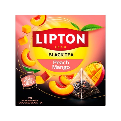 Produkt Lipton: czarna herbata o smaku brzoskwini i mango, w 20 torebkach piramidkach. Opakowanie z jasnym tłem, logo Lipton, nazwą smaku i ilustracjami owoców: brzoskwiń i mango, oraz torebki herbaty. Herbata aromatyzowana.
