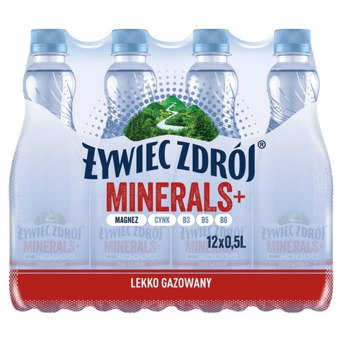 Zgrzewka 12 butelek wody Żywiec Zdrój Minerals+ lekko gazowanej. Każda butelka ma pojemność 0,5 litra. Woda wzbogacona jest magnezem, cynkiem oraz witaminami B3, B5 i B6. Opakowanie z grafiką górskiego krajobrazu.