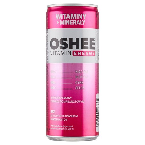 Różowa puszka OSHEE Vitamin Energy, napój gazowany o smaku pomarańczowym, 250 ml. Zawiera witaminy i minerały.