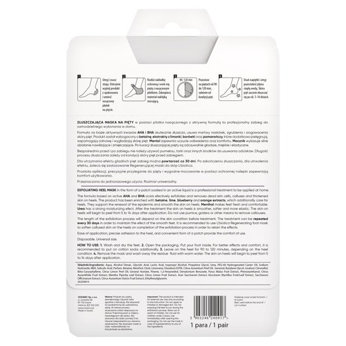 Opakowanie złuszczającej maski na pięty z kwasami AHA i BHA. Produkt do domowego zabiegu, wygładza i zmiękcza skórę stóp. 1 para.