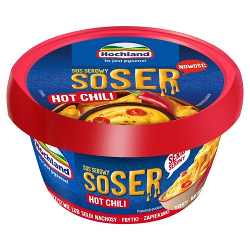 Opakowanie sosu serowego Hochland Soser Hot Chili. Na etykiecie widoczne nachos i papryczki chili w sosie.