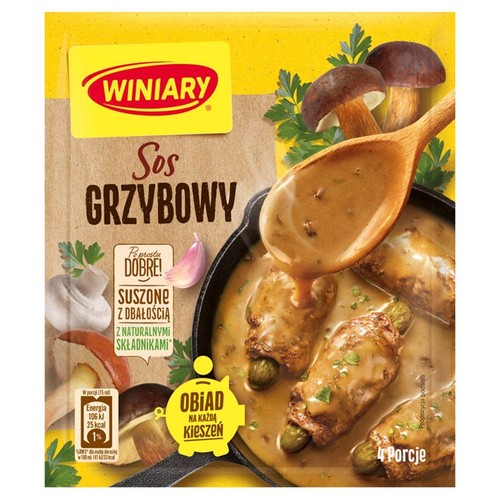 Saszetka Winiary Sos Grzybowy. Widoczna grafika: sos spływający z łyżki na mięsne rolady, obok pieczarki i czosnek. 4 porcje.