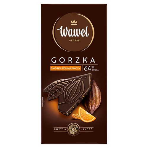 Opakowanie czekolady gorzkiej Wawel z dodatkiem skórki pomarańczowej, zawierającej 64% kakao. Na brązowym tle widnieje logo Wawel, a poniżej ilustracja kawałka czekolady, owocu kakaowca i świeżych kawałków pomarańczy.