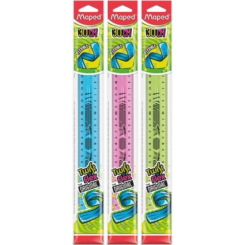 Maped Twist 'n Flex Original, elastyczne linijki 30 cm w kolorach niebieskim, różowym i zielonym.