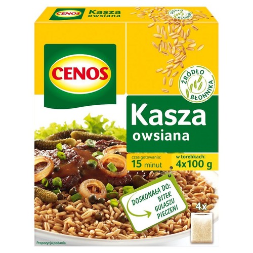 Żółto-zielone opakowanie kaszy owsianej CENOS, 4x100g. Na froncie grafika dania z mięsem i ogórkami. Czas gotowania 15 minut.