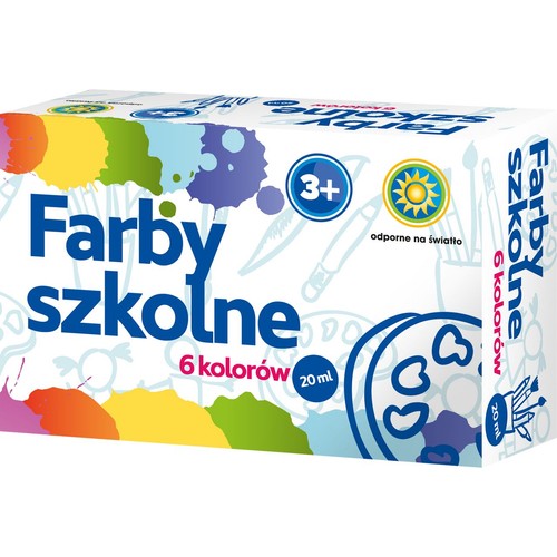 Białe, kartonowe opakowanie farb szkolnych "Farby szkolne" z kolorowymi plamami farby na dole. Widoczne oznaczenia: 6 kolorów, 20 ml, wiek 3+ oraz ikona słońca z napisem "odporne na światło". W tle szkice przyborów malarskich.