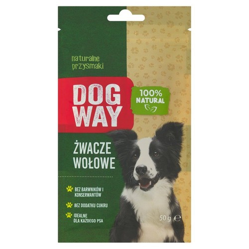 Saszetka Dog Way Żwacze Wołowe 50g, naturalne przysmaki dla psa. Opakowanie zielono-beżowe z psem.