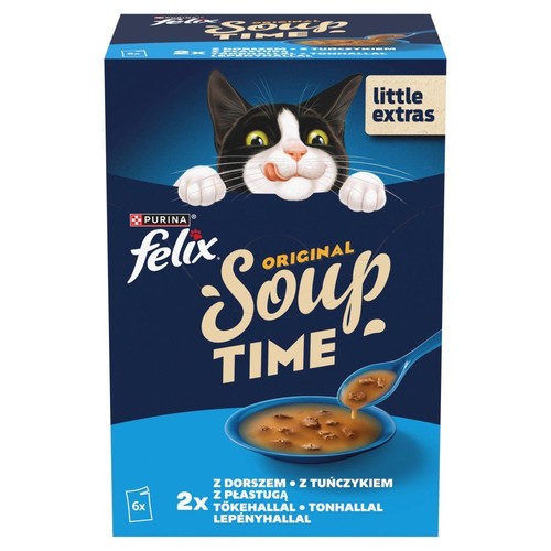 Kartonowe opakowanie zupy dla kota Felix Original Soup Time. Widoczny kot, miska z zupą i łyżka. Zawiera 6 porcji o smaku rybnym.