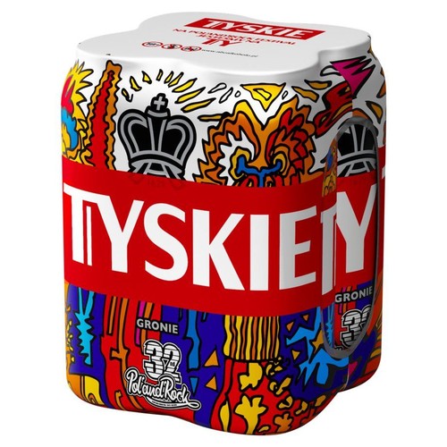 Czteropak piwa Tyskie Gronie w puszkach, edycja specjalna PolandRock. Puszki mają biało-czerwono-niebiesko-żółtą, abstrakcyjną grafikę z motywami korony i napisem Tyskie. Opakowanie zbiorcze jest białe z czerwonym logo Tyskie.