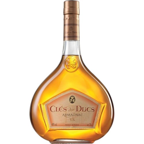 Butelka Armagnac Clés des Ducs V.S., 700ml, 40% alkoholu. Ma złoty korek i beżową etykietę. Produkt z Francji.