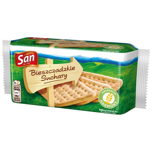 San Bieszczadzkie Suchary w zielono-białym opakowaniu. Widoczne prostokątne suchary i logo marki San.