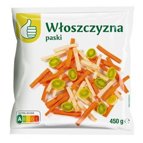 Biała torebka z włoszczyzną w paski. Widoczne marchew, pietruszka i por. Waga 450 g.