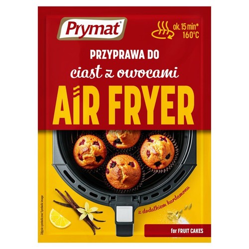 Opakowanie przyprawy Prymat do ciast z owocami Air Fryer. Na czerwono-żółtym tle muffinki w koszu frytkownicy. Z dodatkiem kardamonu.