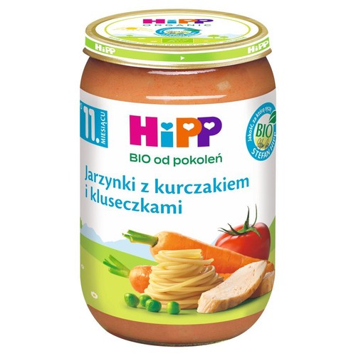 Organiczny obiadek HiPP dla niemowląt od 11. miesiąca: Jarzynki z kurczakiem i kluseczkami. Zielona zakrętka.