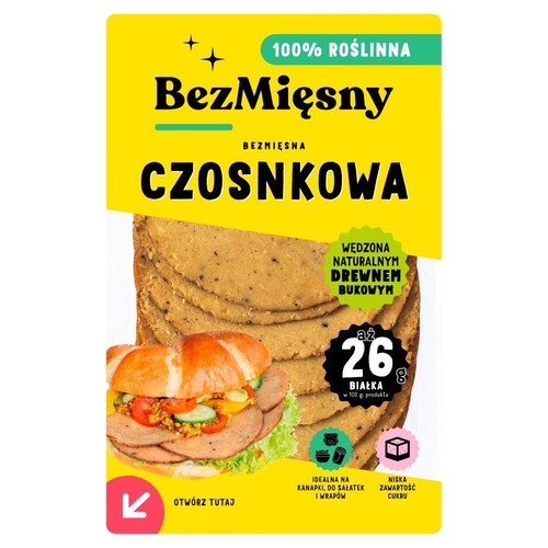 Opakowanie BezMięsnej Czosnkowej, 100% roślinnej wędliny. Widoczne plastry produktu i grafika kanapki. Zawiera 26g białka.
