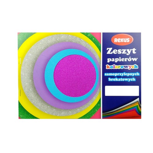 Zeszyt papierów samoprzylepnych brokatowych Rexusa. Widoczne okrągłe arkusze w kolorach: zielony, żółty, srebrny, fioletowy, niebieski, różowy.