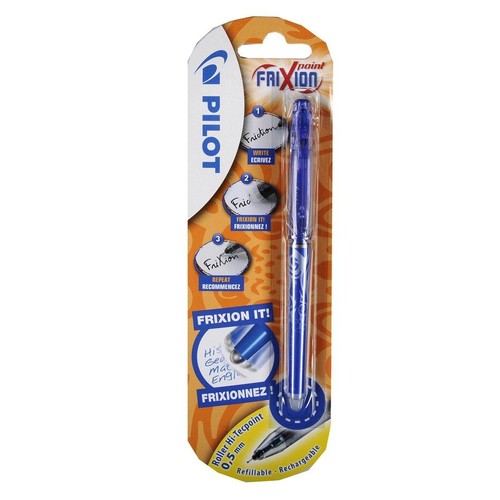 Niebieski długopis Pilot Frixion Roller Hi-Tecpoint 0.5 mm w przezroczystym blistrze na pomarańczowo-białym kartoniku. Opakowanie prezentuje instrukcję użycia: pisz, wymazuj i pisz ponownie. Długopis jest wymazywalny i wielokrotnego napełniania.