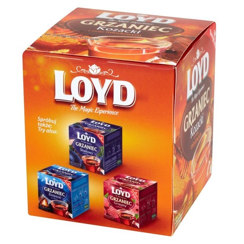 Pudełko herbaty LOYD Grzaniec Kozacki w smaku miodowym. Widoczne logo LOYD i hasło "Magiczne Doświadczenie".