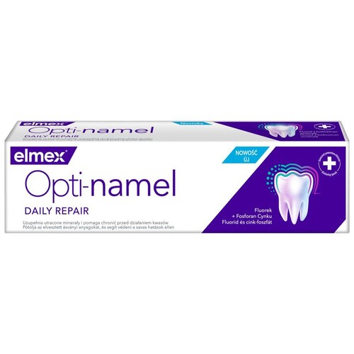 Pasta do zębów Elmex Opti-namel Daily Repair w białym kartoniku. Zawiera fluorek i fosforan cynku.
