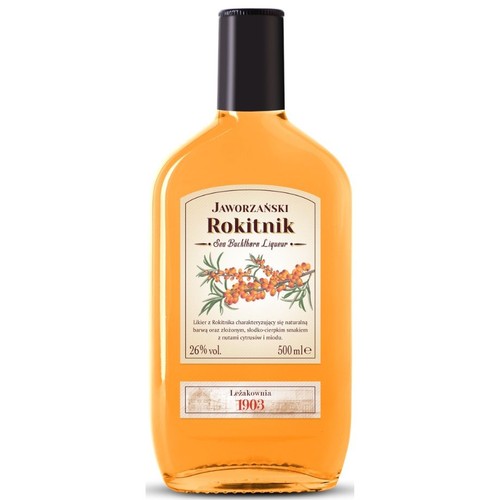 Likier Jaworzański Rokitnik w butelce 500 ml, 26% vol. Etykieta z ilustracją rokitnika. Charakteryzuje się naturalną barwą i słodko-cierpkim smakiem z nutami cytrusów i miodu. Leżakownia 1903.