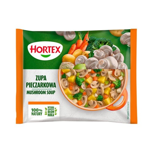 Opakowanie zupy pieczarkowej Hortex. Na grafice miska z zupą i surowe warzywa: pieczarki, marchew, brokuły, ziemniaki.