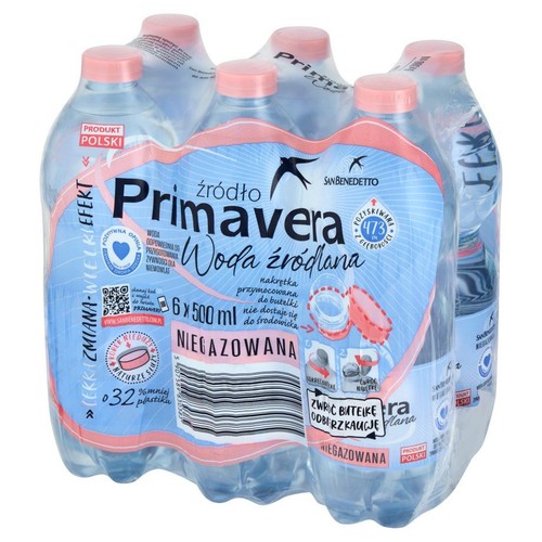 Zgrzewka 6 butelek niegazowanej wody źródlanej Primavera, łącznie 3 litry. Opakowanie z 32% mniej plastiku.