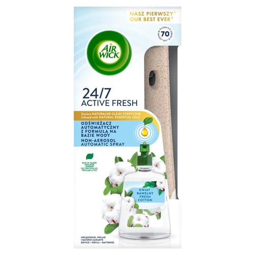 Air Wick 24/7 Active Fresh, automatyczny odświeżacz powietrza Kwiat Bawełny. Zawiera urządzenie, wkład i baterie. Działa do 70 dni.