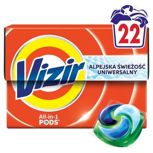 Kapsułki do prania Vizir All-in-1 PODS, 22 sztuki. Opakowanie pomarańczowe z napisem "Alpejska Świeżość Uniwersalny".